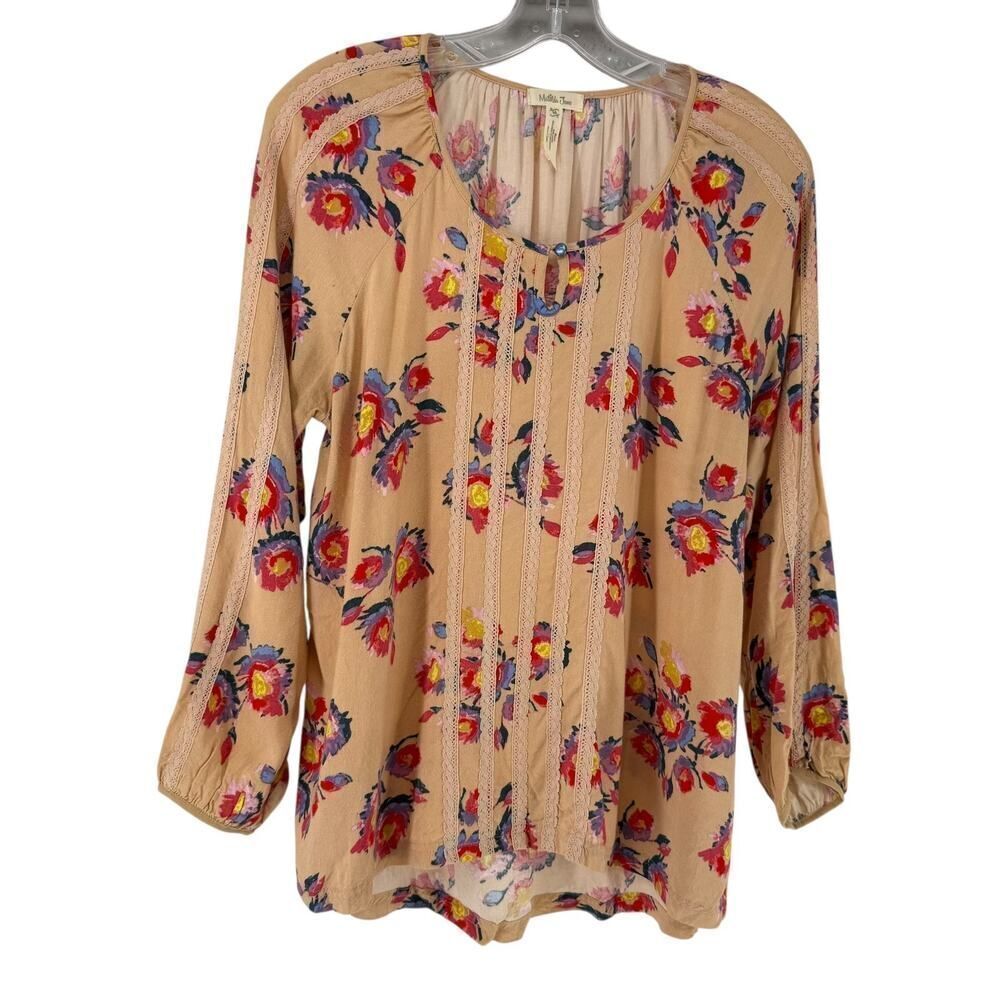 Matilda Jane Top SIze M Peasant Bohemian Lace 3/4 Sleeve Lightweight Tan Floral